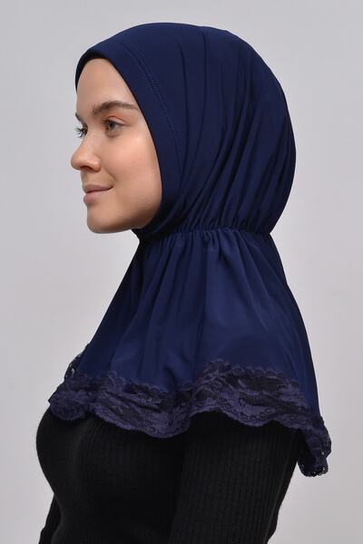 Altobeh Lacy Rubber Drawstring Interlining Banded Snap Fastener Ready Turban Practical Scarf-navy blue