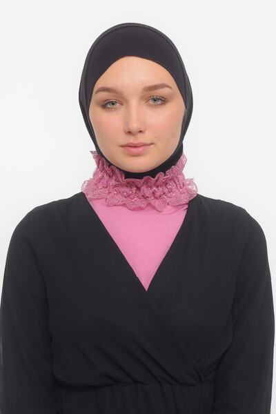 Altobeh Women's Lace Frilly Rubber Smocked Turtleneck High Neck Hijab Neck Collar - Dark Pink