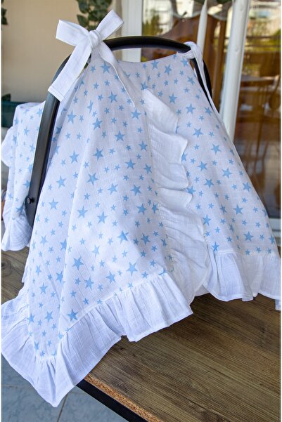 Babynest Stroller Cover/Stroller Cover 100% Cotton Muslin Blue Star Ruffles