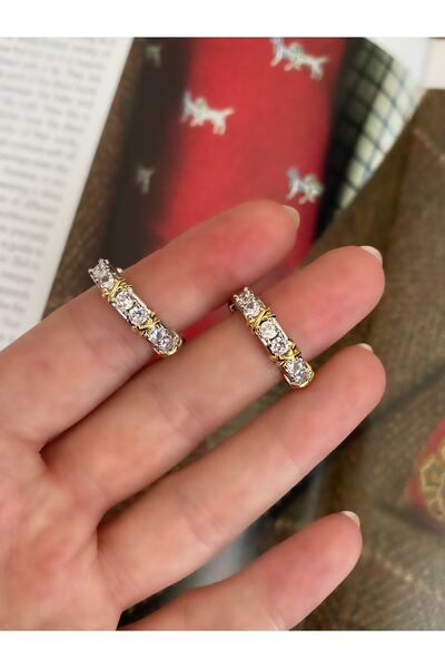 Pinery Jewels VIP SERİ - Marka Model Tiff X Zirkon Taşlı MİDİ Halka Küpe Çifti