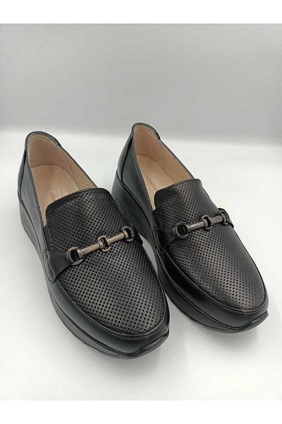 Vizon Ayakkabı Black Wedge Heel Full Orthopedic Front Buckle Ballerina Shoes