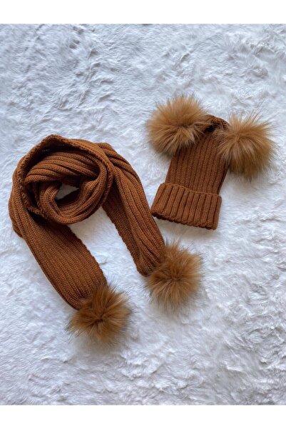 Portakal Bebek Çift Ponpon Atkı Bere Takımı