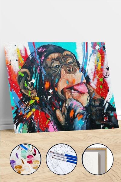 kendinyaphobi Sayılarla Boyama Seti Çerçeveli Kasnaklı Şapşik Maymun 40 x 50 cm