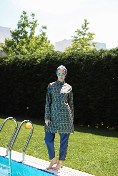 She Sea İndigo Vintage Desen Tam Kapalı Tesettür Mayo