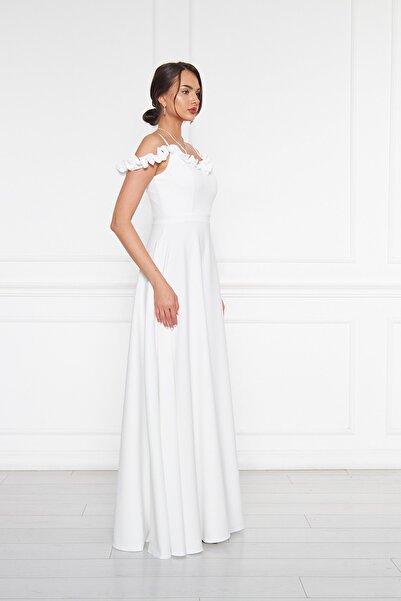 Bidoluelbise Kadın Ayarlanabilir Askılı Fırfır Detay Dokuma Kumaş Maxi Kloş Abiye Elbise