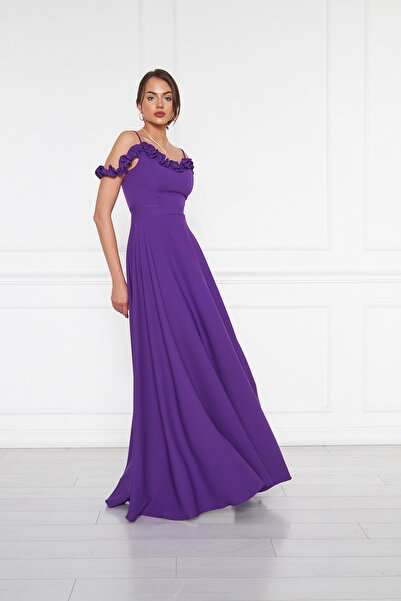 Bidoluelbise Kadın Ayarlanabilir Askılı Fırfır Detay Dokuma Kumaş Maxi Kloş Abiye Elbise