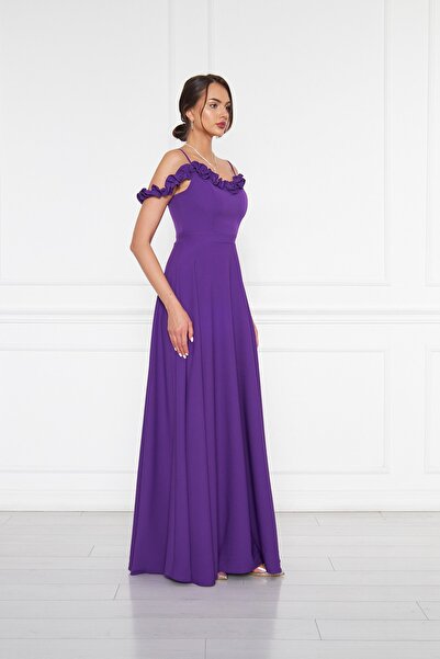 Bidoluelbise Kadın Ayarlanabilir Askılı Fırfır Detay Dokuma Kumaş Maxi Kloş Abiye Elbise