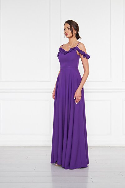 Bidoluelbise Kadın Ayarlanabilir Askılı Fırfır Detay Dokuma Kumaş Maxi Kloş Abiye Elbise