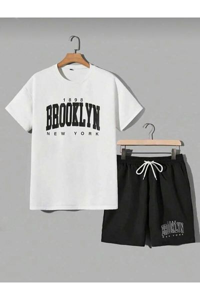 Sky Light White Oversize Brooklyn Printed T-Shirt Shorts Top and Bottom Set