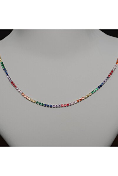 ELVEUS JEWELLERY 925 AYAR GÜMÜŞ, RODYUM KAPLAMA RENKLİ TAŞLI SU YOLU KOLYE, P...
