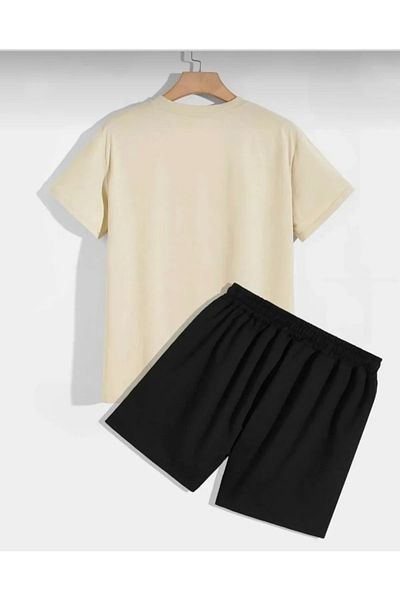 Sky Light Unisex Beige and Black Nasa Printed Top and Bottom Shorts T-Shirt Set