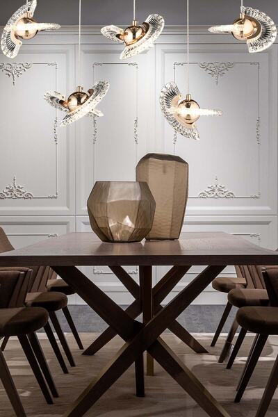 burenze Luxury Modern Crystal Sarkıt Led Avize Beşli Sıralı Yemek Masası Gold Sarı