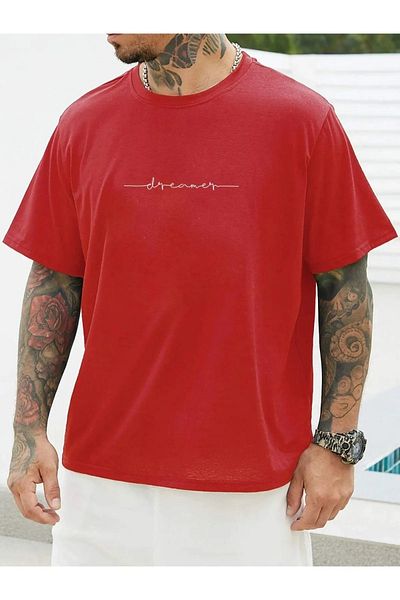 Black Sokak Blacksokak Men's Red Dreamer Printed Oversize Crew Neck Tshirt