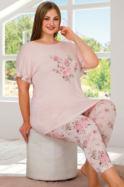Jenny Daphne Lady Plus Size Short Sleeve Floral Print Capri Pajamas Set 10658