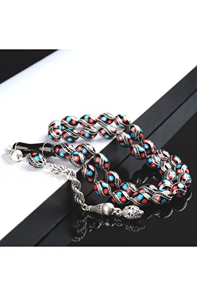 USTATESBİH OLTU ÜZERİNE FİRÜZE & MERCAN VE YARMA GÜMÜŞ İŞLEMELİ SİSTEMLİ PÜSK...