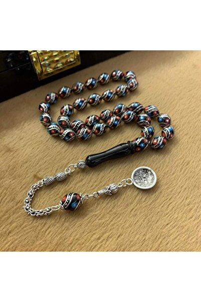 USTATESBİH 925 Gümüş Püsküllü Çeşmi-Bülbül İşlemeli Erzurum Oltu Taşı Tesbih