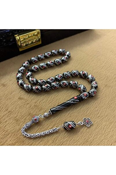 USTATESBİH 925 Gümüş Püsküllü Çeşmi-Bülbül İşlemeli Erzurum Oltu Taşı Tesbih