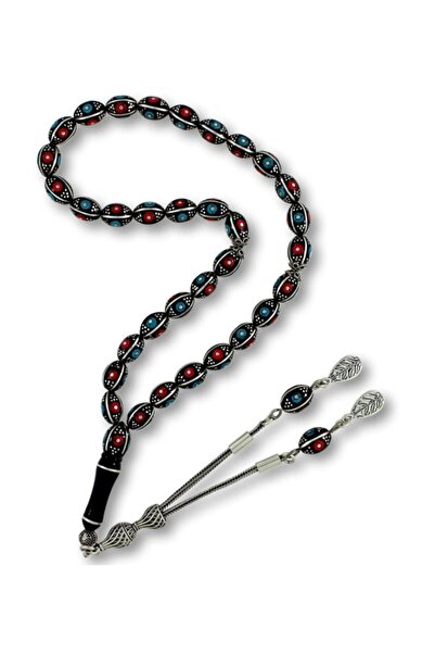 USTATESBİH 925 Gümüş Püsküllü Firuze,Mercan Ve Gümüş Işlemeli Arpa Kesim Erzu...