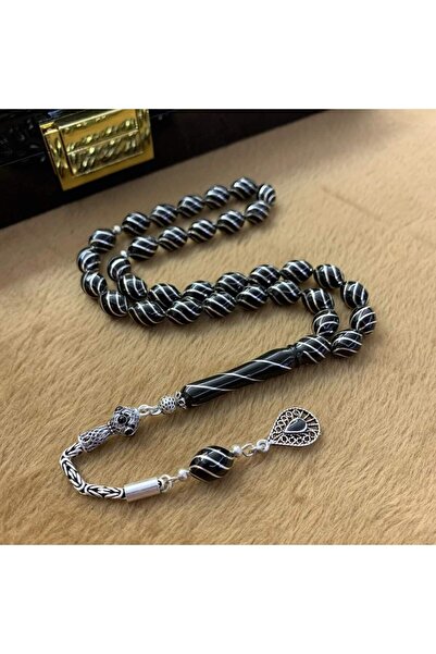 USTATESBİH 925 Gümüş Püsküllü Çeşmi-Bülbül İşlemeli Erzurum Oltu Taşı Tesbih