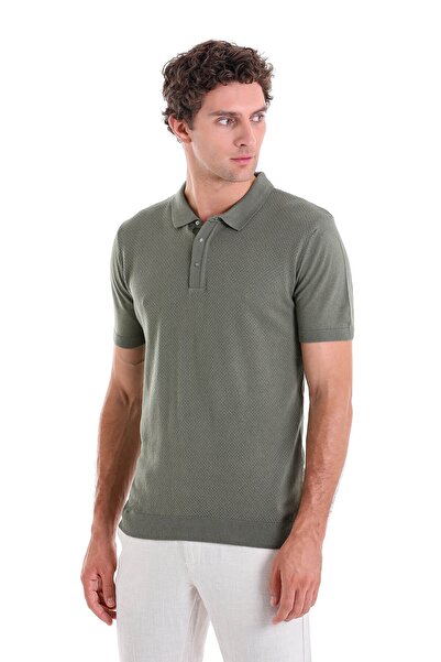 Hatemoğlu Khaki Regular Fit Jacquard Cotton Polo Collar Knitwear T-Shirt