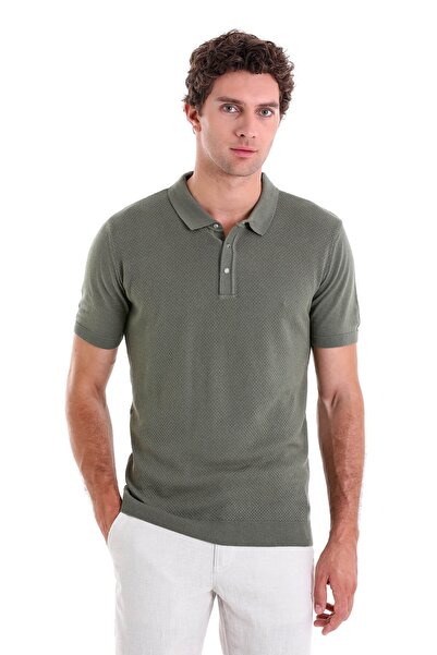 Hatemoğlu Khaki Regular Fit Jacquard Cotton Polo Collar Knitwear T-Shirt