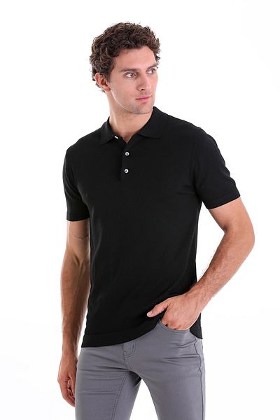 Hatemoğlu Μαύρο μπλουζάκι Comfort Fit με απλό γιακά πόλο από ρεγιόν