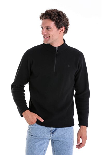 Hatemoğlu Black Regular Fit Plain Half Zipper Bato Collar Fleece Sweatshirt