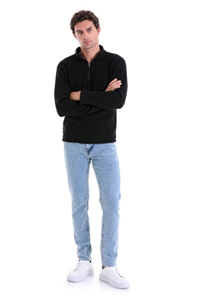 Hatemoğlu Black Regular Fit Plain Half Zipper Bato Collar Fleece Sweatshirt