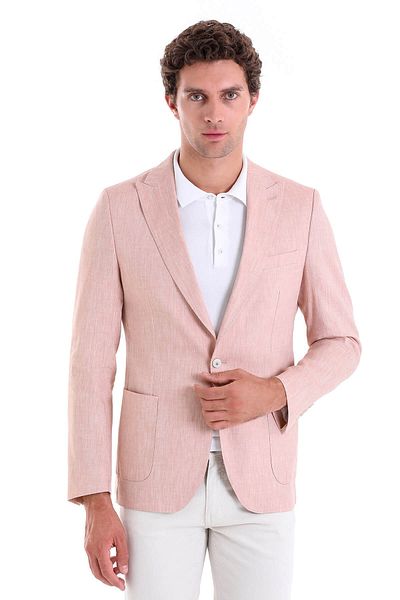 Hatemoğlu Brown Slim Fit Plain Pointed Collar Casual Linen Jacket