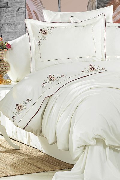 OIKA Hera Easy Iron 100% Cotton Embroidered Double Duvet Cover Set