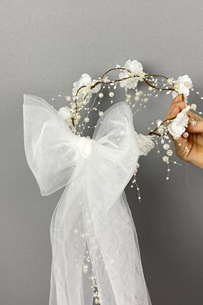 Hobigram Εξωτερική σκοπευτική κορώνα με λευκό τούλι φιόγκο ορτανσία λουλούδια Προσαρμοσμένο σχέδιο νυφική ​​χέννα – κορδέλα μαλλιών, κομψό σχέδιο