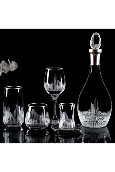 sudeka 61 Parça 12 Kişilik Alev El Dekor Kesme Gümüş Cam Su Takımı