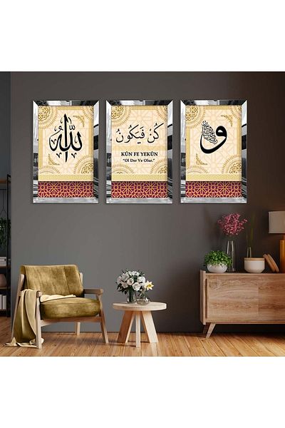 Zevahir Mobilya Dekorasyon Set de masă din MDF triplu cu cadru din plexiglas cu oglindă argintie Kun Fe Yekün Model religios