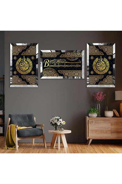 Zevahir Mobilya Dekorasyon Set de pictură din MDF triplu cu cadru din plexiglas cu oglindă argintie