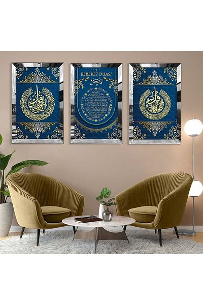 Zevahir Mobilya Dekorasyon Set de pictură din MDF triplu model religios Rugăciunea Abundenței cu cadru din plexiglas cu oglindă argintie