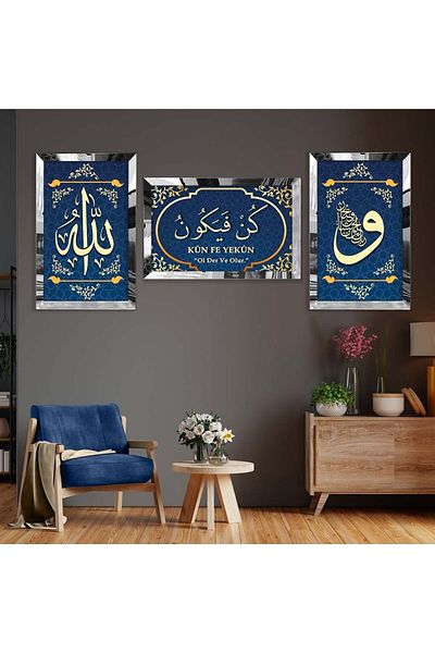 Zevahir Mobilya Dekorasyon Set de masă din MDF triplu cu cadru din plexiglas cu oglindă argintie Kun Fe Yekün Model religios