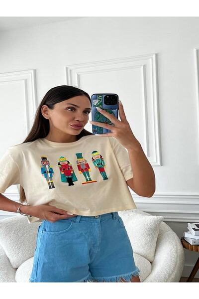 Crep Tekstil kurşun asker desenli crop t-shirt