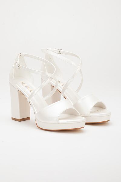 LİLLA women's thick heel platform strappy pearl color wedding shoes
