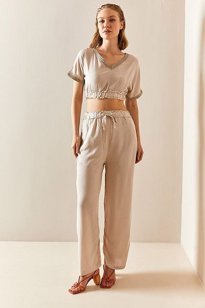 XHAN Beige V-Neck Textured Crop Suit 3YXK8-47341-25
