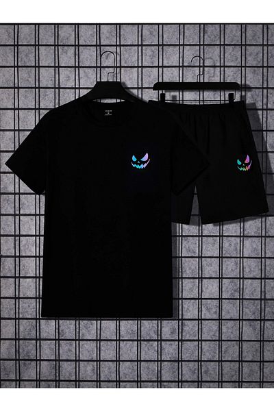 Revasser Unisex Black Devil Special εμπριμέ μπλουζάκι υπερμεγέθη σορτς χτενισμένο βαμβακερό