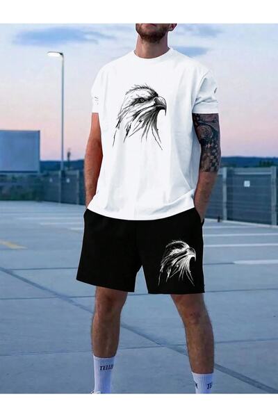Revasser Unisex Beyaz Kartal Özel Baskılı Oversize T-Shirt Şort Penye Takım