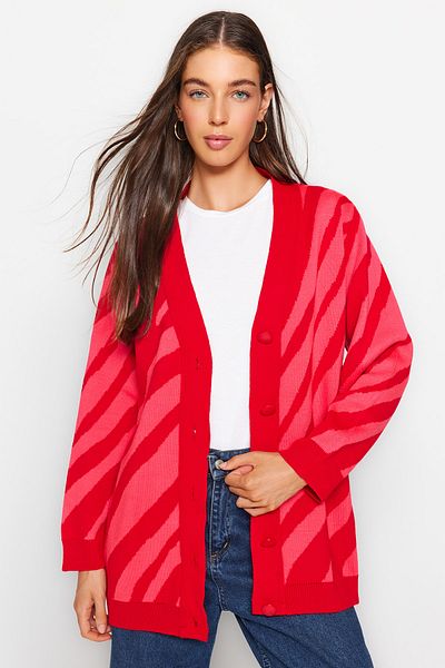Trendyol Modest Roter Strick-Cardigan mit Animal-Line-Muster TCTAW24TH00048