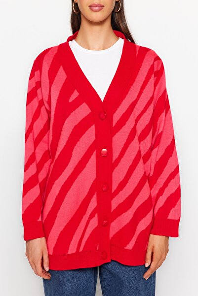 Trendyol Modest Red Animal Line Patterned Knitwear Cardigan TCTAW24TH00048