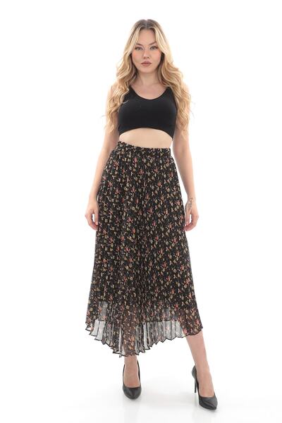 SORALLİNE KADIN PLİSOLEY ETEK 786 ŞİFON EMPİRME ÇİÇEKLİ
