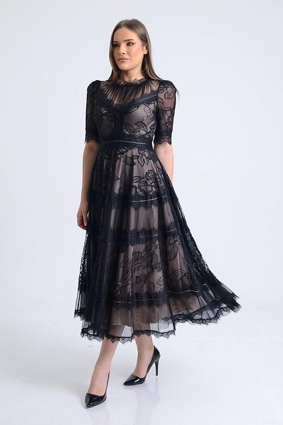 SpringStore Black Short Sleeve Lace Evening Dress