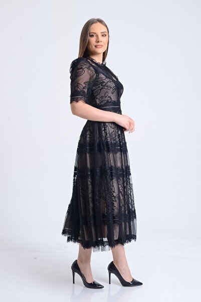 SpringStore Siyah Kısa Kol Dantel Abiye Elbise