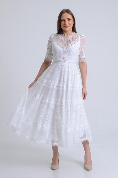 SpringStore Rochie de seara din dantela cu maneca scurta alba