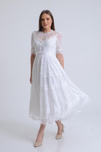 SpringStore Rochie de seara din dantela cu maneca scurta alba