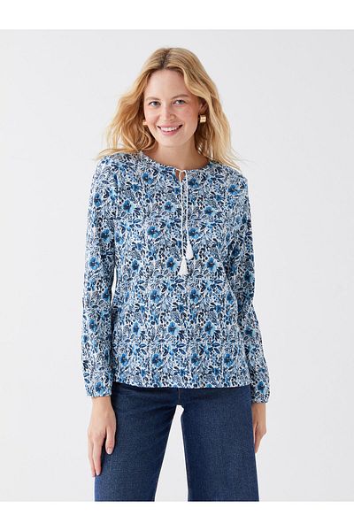 LC Waikiki Patterned Long Sleeve - Tie-Up Collar Women's Blouse