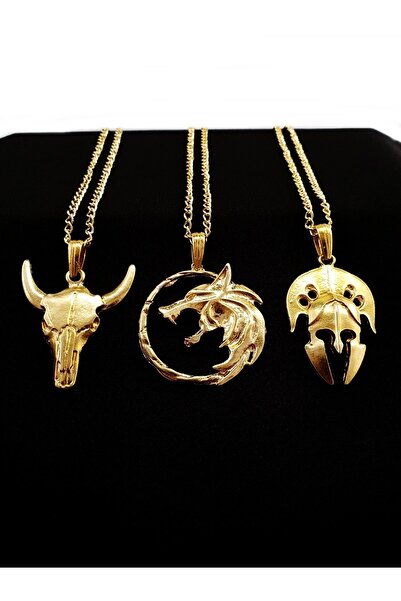 Dukkanka 3'lü Buffalo, Witcher, Gladyatör Miğfer Altın Renk Kolye Seti